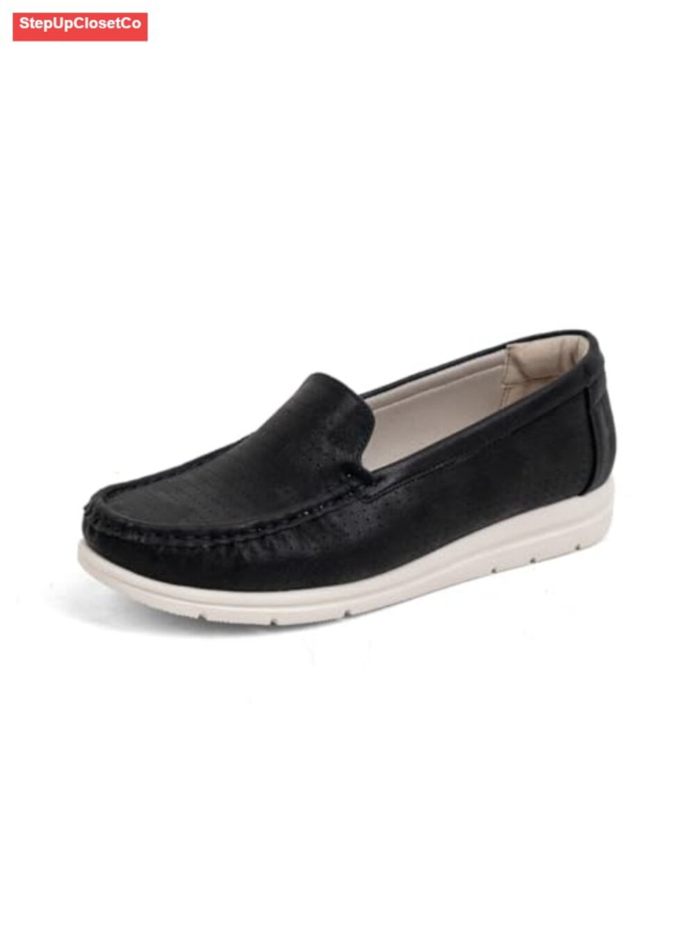 Women's Perforated Faux Leather Loafers - Breathable Slip-On Walking Shoes
